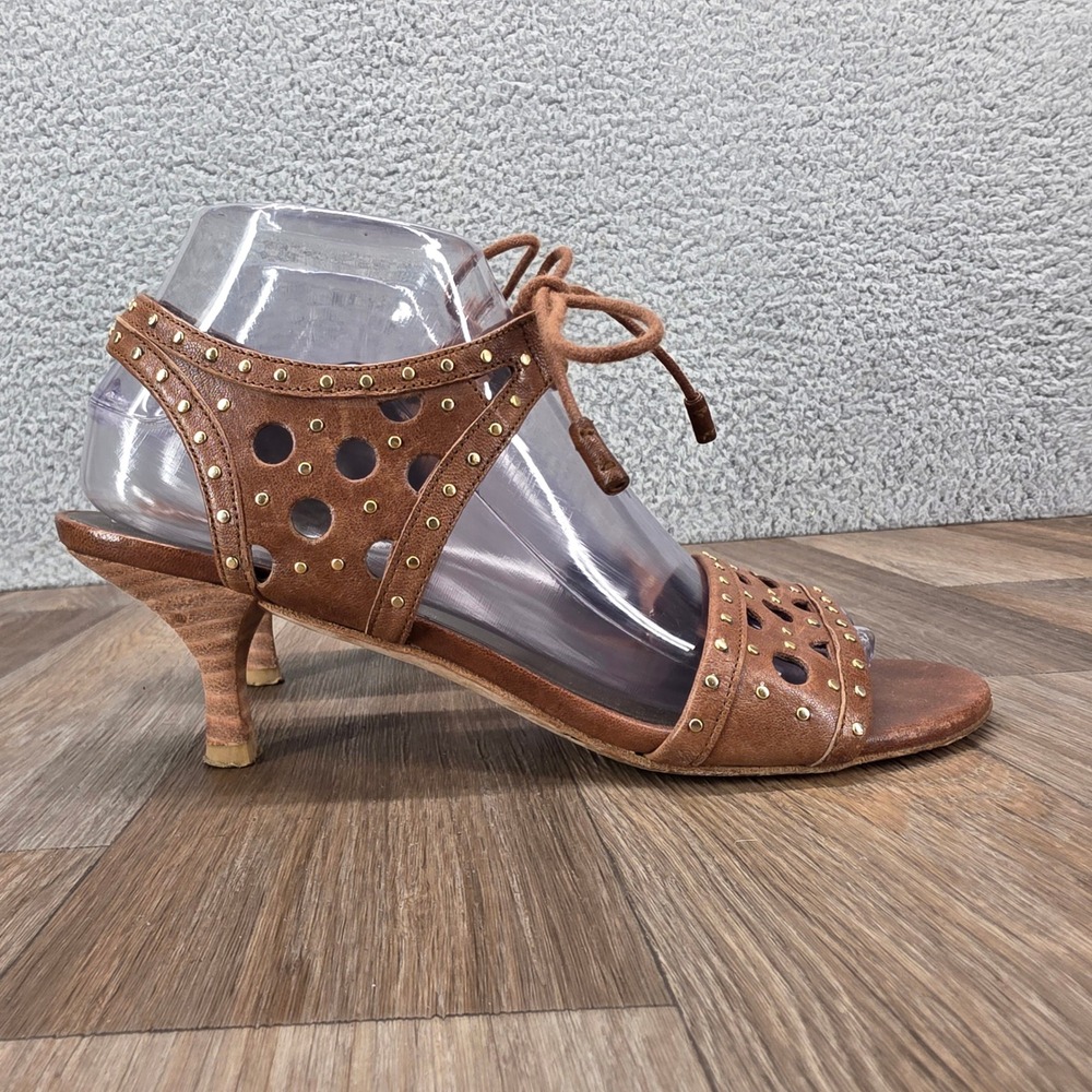 Stuart Weitzman Brown Leather Studded Laser Cut Lace Up Kitten‎ Heel Sandals 7.5